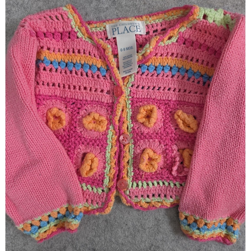 The Childrens Place Vintage Cardigan Sweater Girls 6-9 Mos Pink Crochet Boho Y2K